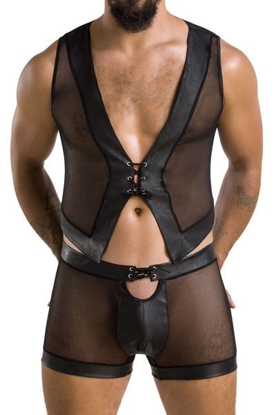 Комплект чоловічої білизни на шнурівці Passion 053 SET WILLIAM XXL/XXXL Black, жилет, боксери SO7629 фото