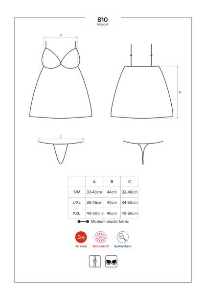 Сатиновий пеньюар з мереживом Obsessive 810-BAB-2 babydoll & thong L/XL, білий, пеньюар, танга SO7155 фото