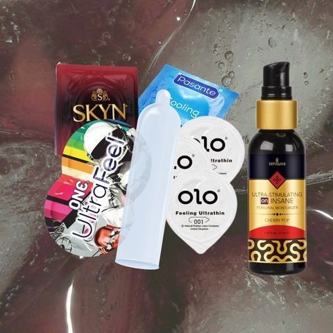 Набір "Червоний екстаз" (ONE Ultra Feel - 5 шт, SKYN Intense Feel - 5 шт, OLO Feeling Ultrathin - 5 шт, Pasante Cooling - 5 шт, Sensuva Ultra-Stimulating On Insane Cherry Pop 57 мл) MM1251 фото