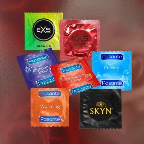 Fire & Ice: EXS Glowing - 5 шт, EXS Warming - 15 шт, Pasante Cooling - 17 шт, Pasante Taste Blueberry - 6 шт, Pasante Taste Strawberry - 6 шт, Pasante Warming - 8 шт, Skyn Non-Latex Original - 2 шт MM2324 фото