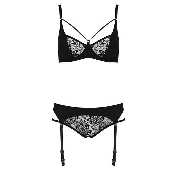 Комплект білизни Passion PAULINE SET XXL/XXXL, black, стрепи, ліф, стрінги і пояс для панчох EL15806 фото
