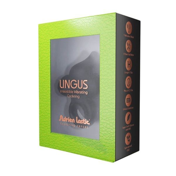 Ерекційне віброкільце Adrien Lastic Lingus Black з язичком і щіточкою для стимуляції клітора AD30649 фото
