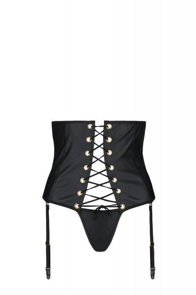 Пояс-корсет з екошкіри Passion CELINE SET with Open Bra 4XL/5XL, black, шнурівка, пажі, стрінги SO7063 фото