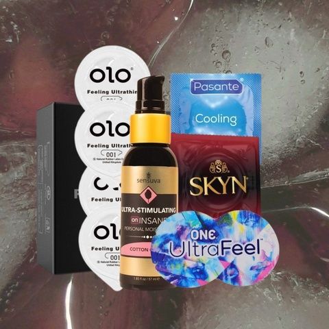 Набір "Солодкий спалах" (ONE Ultra Feel - 5 шт, SKYN Intense Feel - 5 шт, OLO Feeling Ultrathin - 5 шт, Pasante Cooling - 5 шт, Sensuva Ultra-Stimulating On Insane Cotton Candy 57 мл) MM1252 фото