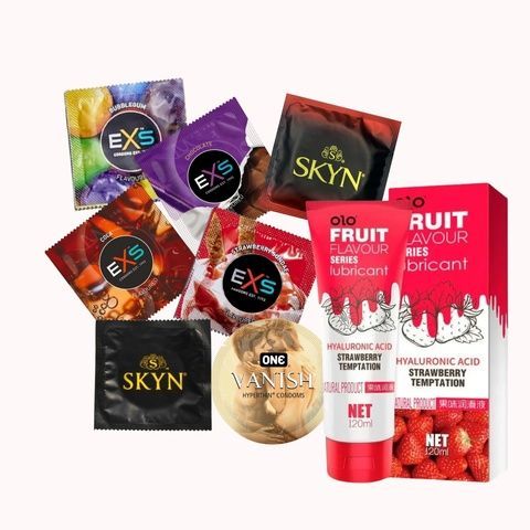Комплект: EXS + Skyn безлатексні + ONE + OLO з гіауроновою змазкою &ndash; 36 шт: EXS Bubblegum Flavoured ароматизовані, Bubblegum 5 шт., Skyn Intense Feel (безлатексні, з текстурою) 5 шт., Skyn Non-Latex Original (безлатексні) 5 шт., ONE Vanish Hyperthin (ульт MM26981 фото