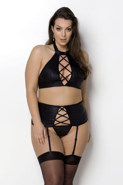 Комплект із екошкіри Passion NANCY SET 6XL/7XL black, імітація шнурівки, топ, пояс для панчіх SO7107 фото