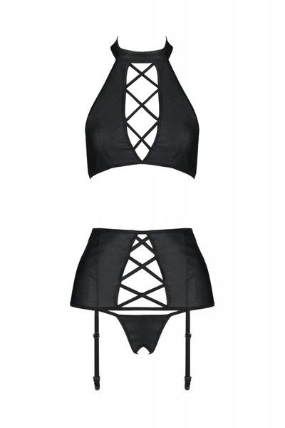 Комплект із екошкіри Passion NANCY SET 6XL/7XL black, імітація шнурівки, топ, пояс для панчіх SO7107 фото