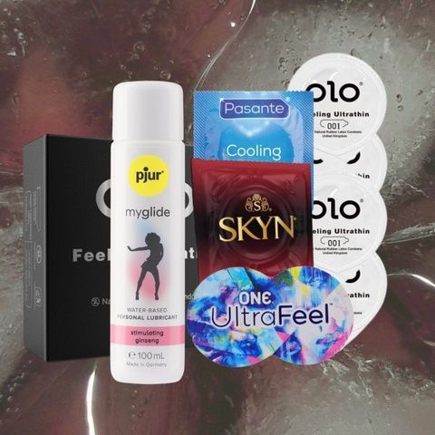 Набір "Магія відчуттів" (ONE Ultra Feel - 5 шт, SKYN Intense Feel - 5 шт, OLO Feeling Ultrathin - 5 шт, Pasante Cooling - 5 шт, pjur my glide 100 мл) MM1253 фото