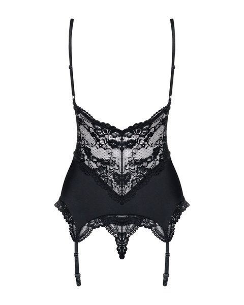 Сатиновий мереживний корсет Obsessive 810-COR-1 babydoll & thong L/XL, чорний, корсет, танга SO7157 фото