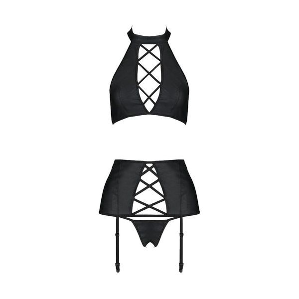 Комплект із екошкіри Passion NANCY SET 6XL/7XL black, імітація шнурівки, топ, пояс для панчіх SO7107 фото