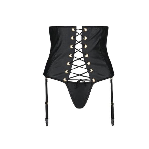 Пояс-корсет з екошкіри Passion CELINE SET S/M, black, шнурівка, знімні пажі для панчіх, стрінги SO6410 фото