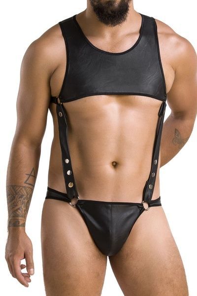 Чоловіче шкіряне боді Passion 056 ADAM XXL/XXXL Black, заклепки SO7632 фото