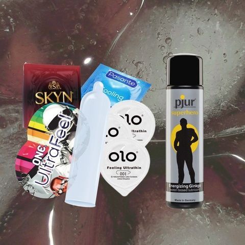 Набір "Відчуттів" (ONE Ultra Feel - 5 шт, SKYN Intense Feel - 5 шт, OLO Feeling Ultrathin - 5 шт, Pasante Cooling - 5 шт, pjur Superhero glide 100 мл) MM1254 фото