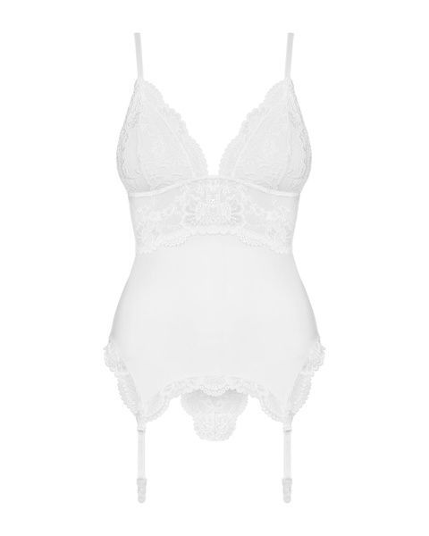 Сатиновий мереживний корсет Obsessive 810-COR-2 babydoll & thong S/M, білий, корсет, танга SO7158 фото