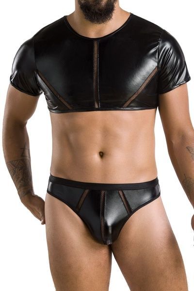 Комплект чоловічої білизни під латекс Passion 057 SET PETER L/XL Black, кроп-топ, стринги SO7633 фото