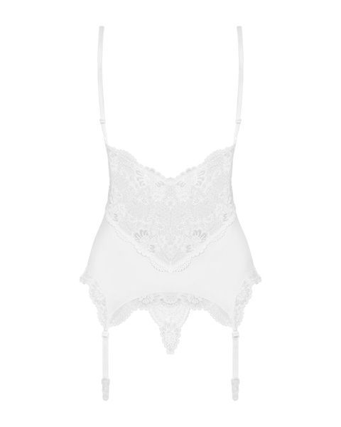 Сатиновий мереживний корсет Obsessive 810-COR-2 babydoll & thong L/XL, білий, корсет, танга SO7159 фото