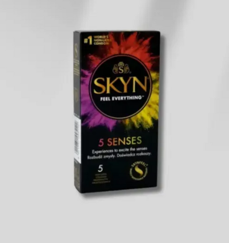 Skyn 5 senses безлатексні мікс - (SKYN Intense Feel ребристі 1 шт, SKYN Daiquiri Passion ароматизовані 1 шт, SKYN Elite ультратонкі, 1 шт, SKYN Cool, охолоджуючі 1 шт, SKYN Hot - розігріваючі, 1шт. MM27035 фото