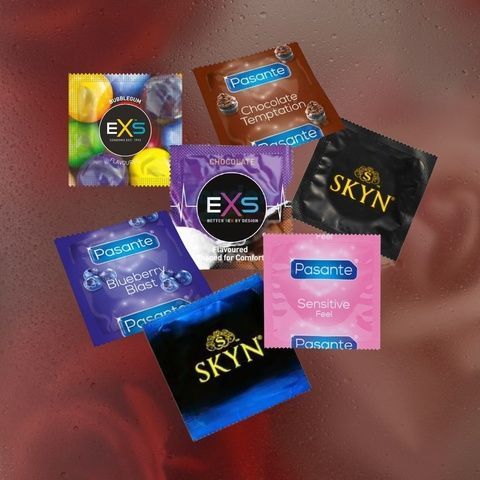 Everyday Pack 60+4: EXS Bubblegum Flavoured - 7 шт, EXS Chocolate Flavoured - 15 шт, Pasante Taste Blueberry - 17 шт, Pasante Taste Chocolate - 17 шт, Pasante Ultra Sensitive Touch - 6 шт, Skyn Extra Lubricated - 1 шт, Skyn Non-Latex Original - 1 шт MM2329 фото