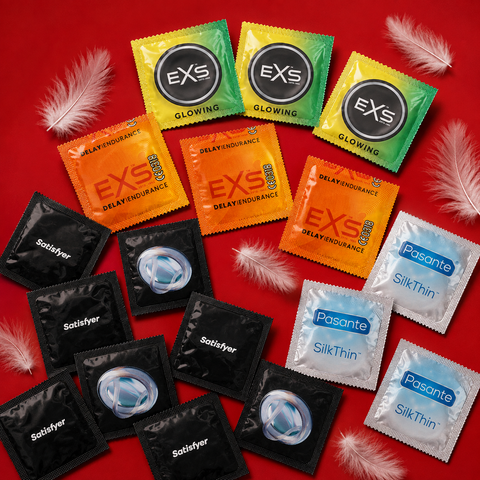 Набір 18 шт Premium Experiment Mix: EXS Glowing &mdash; 3 шт; EXS Delay &mdash; 3 шт; Pasante Silk Thin &mdash; надтонкі &mdash; 3 шт; Satisfyer Premium Condoms 49 мм S &mdash; 3 шт; Satisfyer Premium Condoms 53 мм M &mdash; 3 шт; Satisfyer Premium Condoms 56 мм L &mdash; 3 шт. MM27349 фото