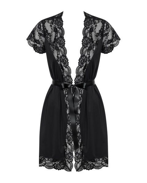 Сатиновий відкритий пеньюар на поясі Obsessive 810-PEI&ndash;1 peignoir black 2XL/3XL, чорний SO7162 фото