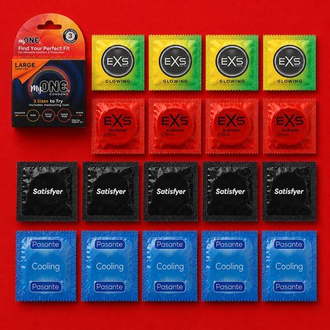 Набір 24 товарів Sensitive Temperature Collection: MyONE Large Sampler 3 шт, &mdash; 1 уп.; EXS Cola Flavoured &mdash; 1 шт; Pasante Taste Mint Tingle &mdash; 1 шт; Pasante Taste Strawberry &mdash; 1 шт; EXS Glowing &mdash; 1 шт; EXS Warming розігріваючі &mdash; 1 шт; EXS Cooling охолоджуюч MM27405 фото