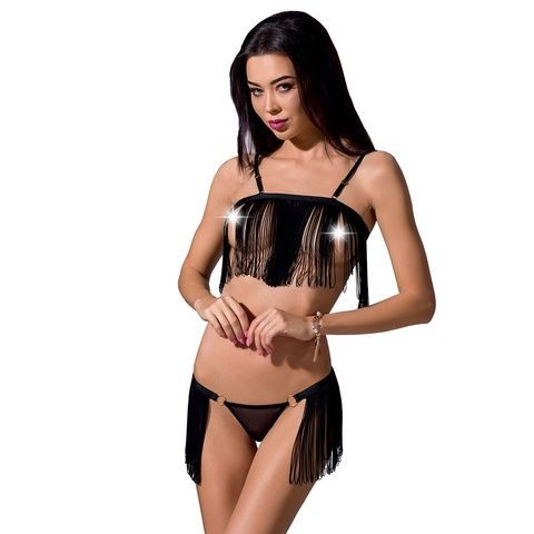 Комплект білизни Passion Exclusive KASSANDRA SET OpenBra S/M black, ліф з бахроми, трусики-спідниця PS26302 фото