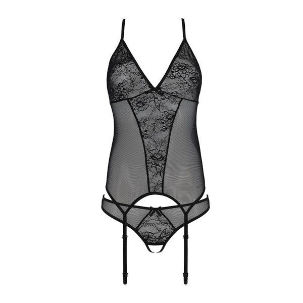 Корсет із пажами, трусики з ажурним декором та відкритим кроком Passion URSULA CORSET L/XL, black SO5835 фото