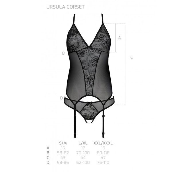 Корсет із пажами, трусики з ажурним декором та відкритим кроком Passion URSULA CORSET L/XL, black SO5835 фото