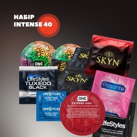 Набір: Intense 40 (Pasante Cooling з освіжаючим ефектом &ndash; 5 шт.; Pasante Silk Thin ультратонкі &ndash; 5 шт.; LifeStyles Ultra Lubricated зі збільшеною кількістю лубриканта &ndash; 1 шт.; ONE Ribs з ребристою поверхнею &ndash; 6 шт.; ONE Studs з крапковою текстурою &ndash; 6 шт. MM27223 фото