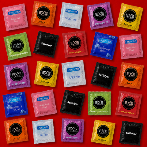 Набір 29 шт Glow Delay Fruit Mix: EXS Strawberry Flavoured &mdash; 5 шт; EXS Banana Flavoured &mdash; 5 шт; Pasante Taste Blueberry &mdash; 4 шт; Pasante Taste Tropical &mdash; 4 шт; EXS Glowing &mdash; 4 шт; EXS Delay &mdash; 4 шт; EXS Ribbed &mdash; 3 шт. MM27353 фото