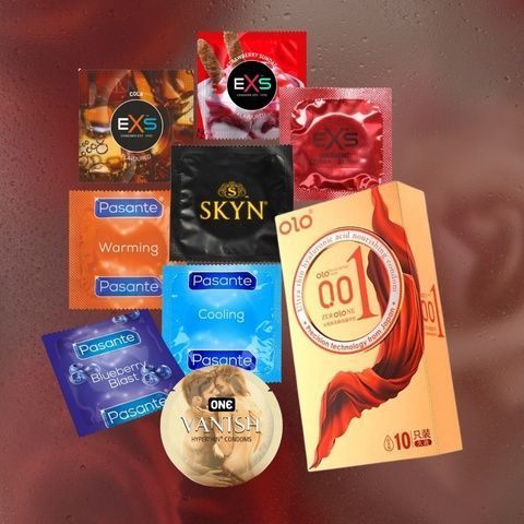 Набір Pure Edition: EXS Cola Flavoured - 18 шт, EXS Strawberry Flavoured - 18 шт, EXS Warming - 1 шт, OLO Gold Hot & Cold 1 уп., ONE Vanish Hyperthin - 1 шт, Pasante Cooling - 6 шт, Pasante Taste Blueberry - 13 шт, Pasante Warming - 1 шт, Skyn Non-Latex O MM2334 фото