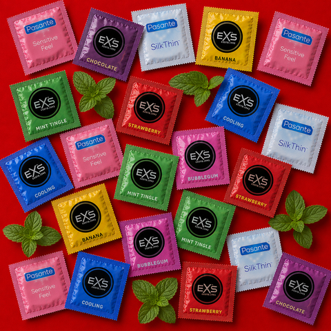 Набір 33 шт Pure Cooling Flavour Mix: EXS Bubblegum Flavoured &mdash; 3 шт; EXS Chocolate Flavoured &mdash; 4 шт; EXS Cola Flavoured &mdash; 4 шт; Pasante Taste Mint Tingle &mdash; 3 шт; Pasante Taste Chocolate &mdash; 3 шт; EXS Cooling &mdash; 4 шт; EXS Pure EKO &mdash; 4 шт; EXS Snug Fit &mdash; 4 шт MM27354 фото