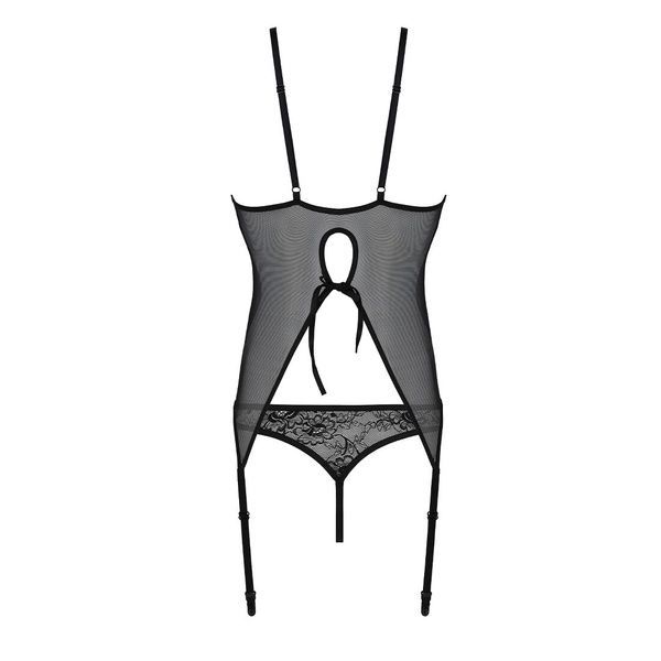 Корсет із пажами, трусики з ажурним декором та відкритим кроком Passion URSULA CORSET XXL/XXXL black SO5837 фото