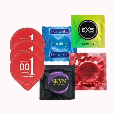 Набір OLO з гіауроновою змазкою + Pasante + EXS + Skyn безлатексні &ndash; 28 шт (Надтонкі, Охолоджуючі, Розігріваючі, Пролонгуючі, Ті що світяться, Безлатексні) MM2536 фото