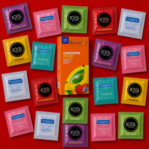 Набір 35 шт Recare Fruit Sensation Box Mix: Recare Color Fruit Flavour Condoms 12 шт &mdash; 1 уп.; EXS Bubblegum Flavoured &mdash; 3 шт; EXS Strawberry Flavoured &mdash; 3 шт; EXS Banana Flavoured &mdash; 3 шт; Pasante Taste Blueberry &mdash; 3 шт; Pasante Taste Tropical &mdash; 3 шт; EXS MM27355 фото