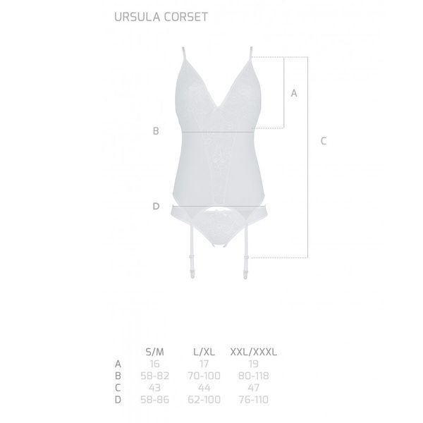 Корсет із пажами, трусики з ажурним декором та відкритим кроком Passion URSULA CORSET L/XL, white SO5838 фото