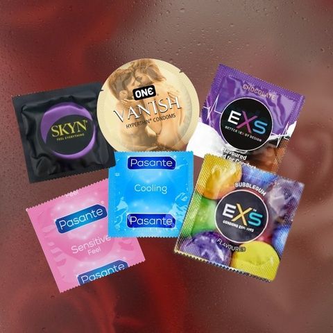 Набір ароматизованих: EXS Bubblegum ароматизовані баблгам 5 шт.; EXS Chocolate Flavoured ароматизовані шоклад 5 шт.; EXS Cola Flavoured ароматизовані кола 5 шт.; Pasante Taste Strawberry ароматизовані 3 шт. MM26558 фото