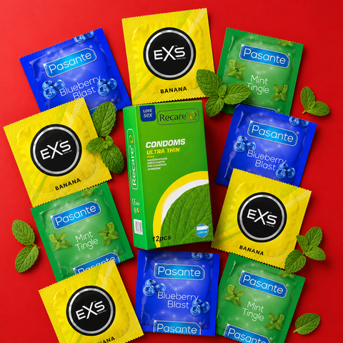 Набір 34 шт Mint Breeze: Ultra Thin Mint Condoms Recare 12 шт &mdash; 1 уп.; EXS Banana Flavoured ароматизовані &mdash; 5 шт; Pasante Taste Blueberry &mdash; 5 шт; Pasante Taste Tropical &mdash; 5 шт; Pasante Taste Mint Tingle &mdash; 7 шт. MM27473 фото