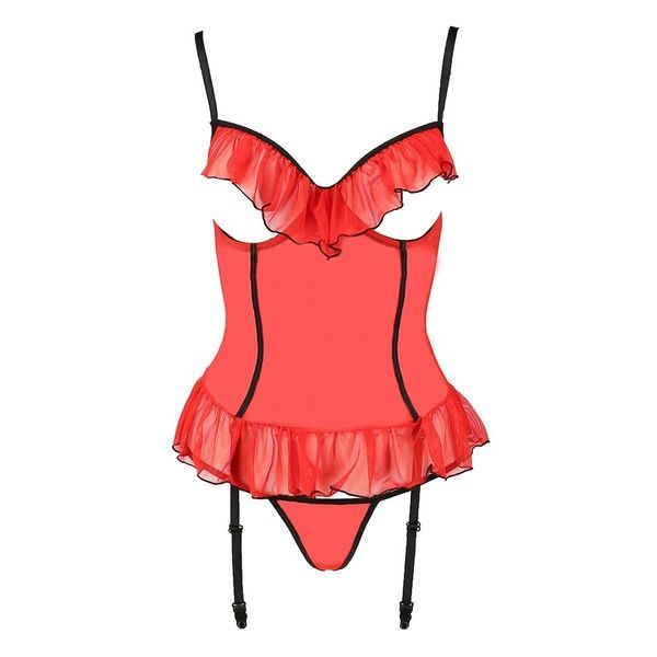 Корсет з відкритими грудьми CHERRY CORSET red S/M - Passion Exclusive, трусики, пажі, стрепи, оборки PS25505 фото