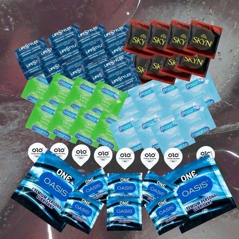 Hабір з 45 виробів і 8 лубрикантів (SKYN Intense Feel &ndash; 8 шт., OLO Feeling Ultrathin &ndash; 8 шт., Pasante Delay Infinity &ndash; 8 шт., Pasante Cooling &ndash; 8 шт., LifeStyles Ultra Lubricated &ndash; 8 шт., ONE Oasis 3 г &ndash; 8 шт) MM1958 фото