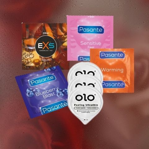 Urban Mix: EXS Cola Flavoured - 17 шт, OLO Black Feeling Ultrathin 1 уп., Pasante Taste Blueberry - 9 шт, Pasante Ultra Sensitive Touch - 18 шт, Pasante Warming - 11 шт MM2337 фото