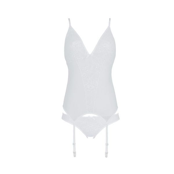 Корсет із пажами, трусики з ажурним декором та відкритим кроком Passion URSULA CORSET S/M, white SO5839 фото