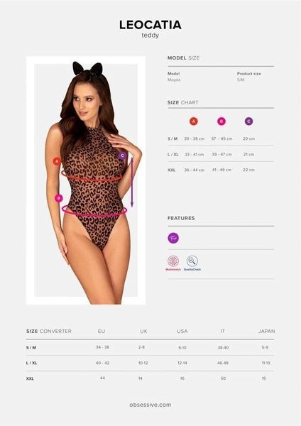 Еротичний костюм леопарда Obsessive Leocatia teddy S/M, боді, обруч з вушками SO7712 фото