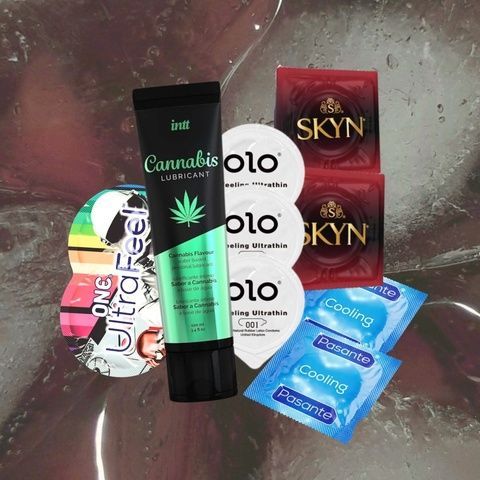 Набір "Природна насолода" (ONE Ultra Feel - 5 шт, SKYN Intense Feel - 5 шт, OLO Feeling Ultrathin - 5 шт, Pasante Cooling - 5 шт, Intt Cannabis (100 мл)) MM1265 фото