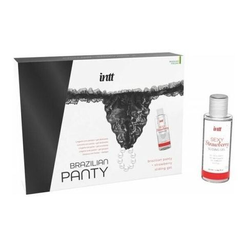 Набір Intt BRAZILIAN PANTY BLACK: трусики на резинці S-XL з перлинним кільцем + полунична змазка SO7129 фото