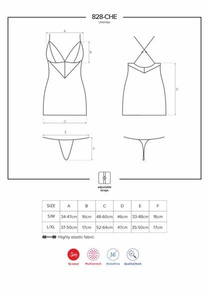 Сатиновий комплект для сну з мереживом Obsessive 828-CHE-1 chemise & thong L/XL, чорний, сорочка SO7172 фото