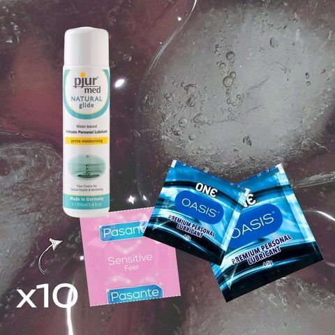 Набір Pasante Sensitive Feel чутливі, тонкі 10 шт., pjur MED Natural glide 100 мл, ONE Oasis 3 г 2 шт. MM27228 фото