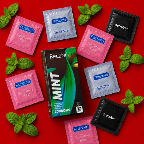 Набір 34 шт Mint Size Experiment Box Mix: Holographic Recare Ultra Thin Mint Condoms 12 шт &mdash; 1 уп.; EXS Bubblegum Flavoured &mdash; 3 шт; EXS Chocolate Flavoured &mdash; 3 шт; Pasante Taste Mint Tingle &mdash; 4 шт; EXS Pure EKO &mdash; 3 шт; Satisfyer Premium Condoms 49 мм S &mdash; MM27358 фото