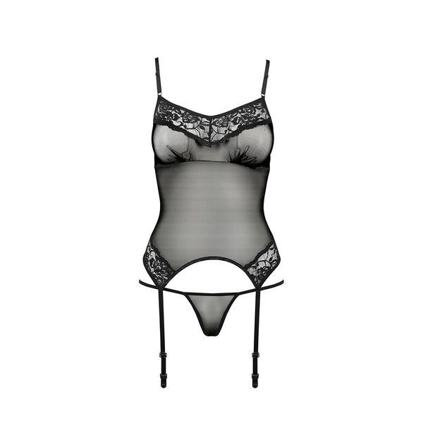 Корсет з пажами Passion MELANIA CORSET S/M, black, трусики, напівпрозорий EL16308 фото