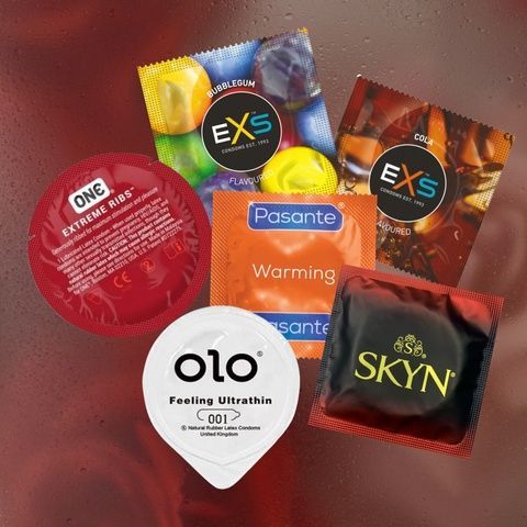 Набір: EXS Glowing 5 шт.; Pasante розігріваючі 5 шт.; OLO розігріваючі 4 шт.; Pasante Taste Chocolate смакові 4 шт.; ONE Classic Select - класичні латексні 1 шт.; Безлатексні Skyn Non-Latex Original 1 шт. MM2290 фото